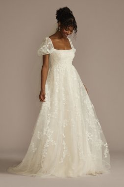 Embroidered Puff Sleeve Empire Waist Wedding Dress MS251266