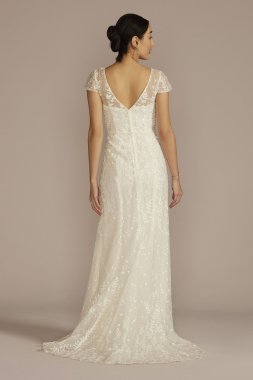 Cap Sleeve V-Neck Beaded Lace Sheath Wedding Dress MS251268