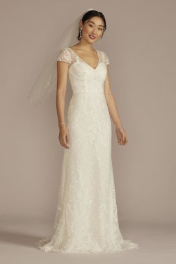 Cap Sleeve V-Neck Beaded Lace Sheath Wedding Dress MS251268