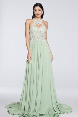 Chiffon Keyhole Halter Dress with Beaded Bodice 1812P5393