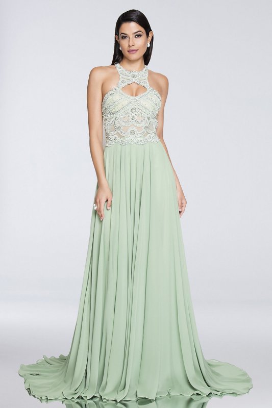 Chiffon Keyhole Halter Dress with Beaded Bodice 1812P5393