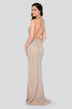 Beaded Plunging V-Neck Sheath Dress with Slit 1911P8112