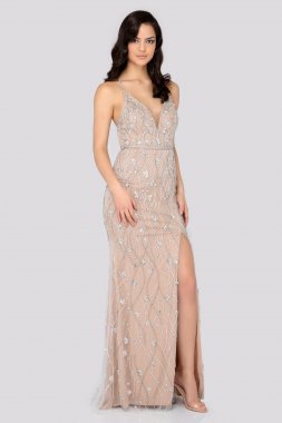 Beaded Plunging V-Neck Sheath Dress with Slit 1911P8112
