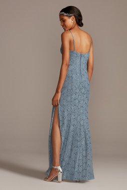 Skinny Strap Sequin Lace Stretch Dress with Slit DS270072
