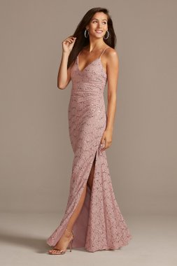 Skinny Strap Sequin Lace Stretch Dress with Slit DS270072