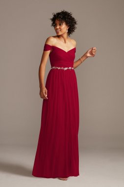 Off-the-Shoulder Pleated Soft Net Bridesmaid Dress F20116