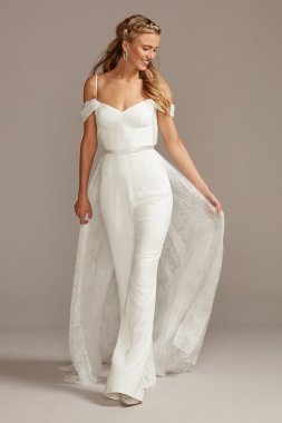 Off-the-Shoulder Wedding Jumpsuit with Lace Train MS251212