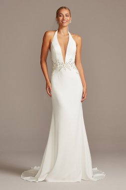 Embellished Waist Plunge Halter Wedding Dress SWG838