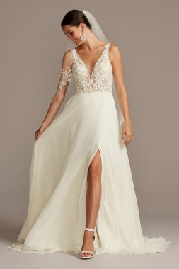 Lace Applique Illusion Chiffon Skirt Wedding Dress SWG842