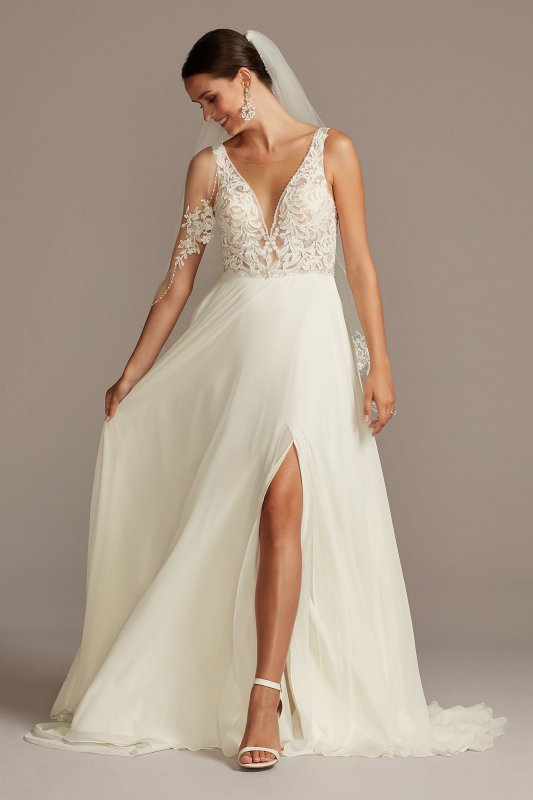 Lace Applique Illusion Chiffon Skirt Wedding Dress SWG842