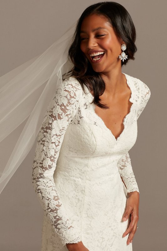 Scalloped Lace Long Sleeve Open Back Wedding Dress Collection WG3987