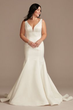 Plunge Mermaid Buttoned Satin Tall Wedding Dress 4XLWG4016