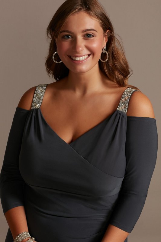 Beaded Strap Cold Shoulder Jersey Plus Size Gown 5659W
