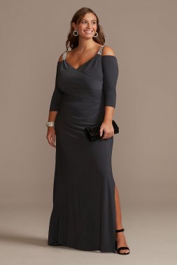 Beaded Strap Cold Shoulder Jersey Plus Size Gown 5659W