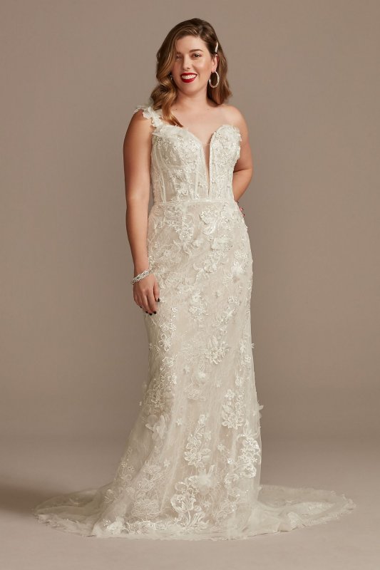 3D Floral Applique Plunge Petite Wedding Dress 7LSSWG885
