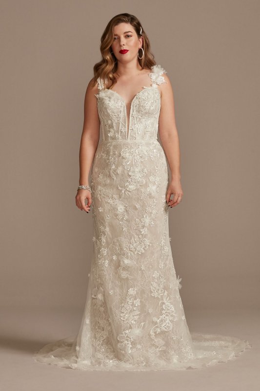 3D Floral Applique Plunge Petite Wedding Dress 7LSSWG885