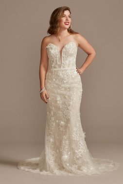 3D Floral Applique Plunge Petite Wedding Dress 7LSSWG885
