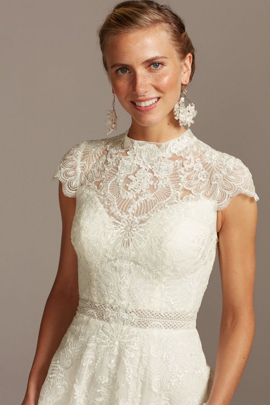 Embroidered Sheer Mock Neck Petite Wedding Dress 7MS251205
