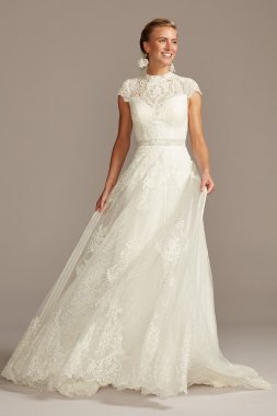 Embroidered Sheer Mock Neck Petite Wedding Dress 7MS251205