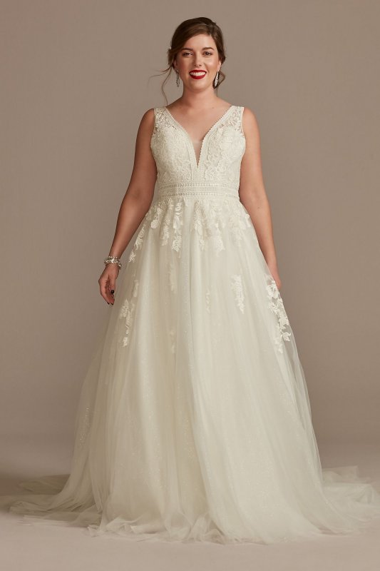 Embroidered V-Neck Wedding Dress with Tulle Skirt CWG888