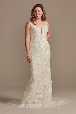3D Floral Applique Plunge Sheath Wedding Dress LSSWG885