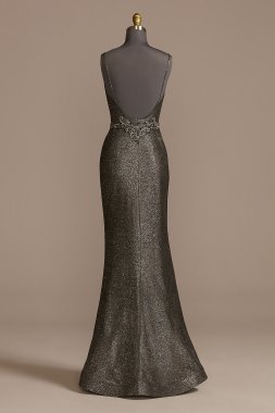 Embellished Glitter Spaghetti Strap Plunge Dress VCTNV045RW
