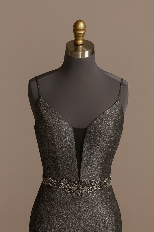 Embellished Glitter Spaghetti Strap Plunge Dress VCTNV045RW