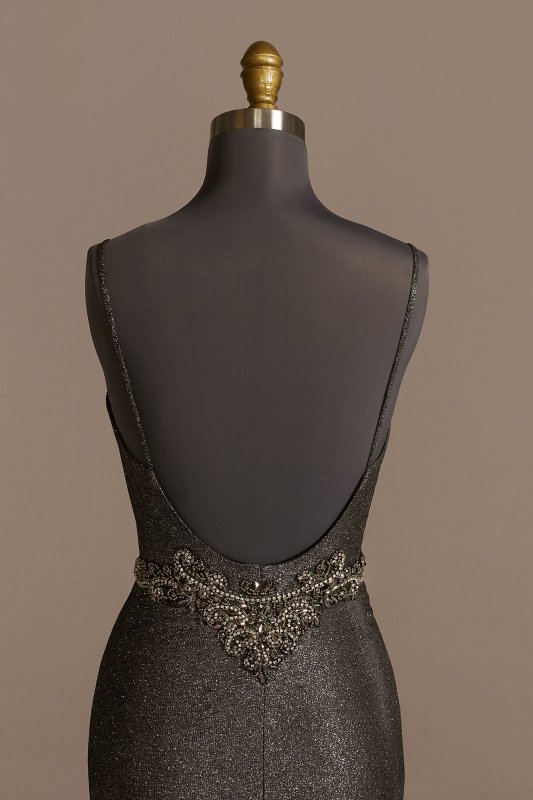 Embellished Glitter Spaghetti Strap Plunge Dress VCTNV045RW