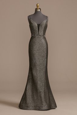 Embellished Glitter Spaghetti Strap Plunge Dress VCTNV045RW