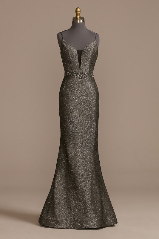 Embellished Glitter Spaghetti Strap Plunge Dress VCTNV045RW