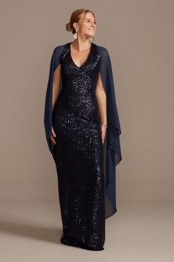 Allover Sequin Gown with Attached Chiffon Capelet WBM2189