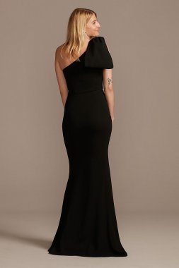 Stretch Crepe Asymmetric Gown with Shoulder Bow WBM2196V2