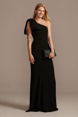 Stretch Crepe Asymmetric Gown with Shoulder Bow WBM2196V2