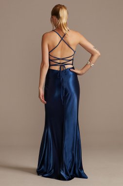 Ruched V-Neck Stretch Satin Sheath Gown with Slit WBM2299
