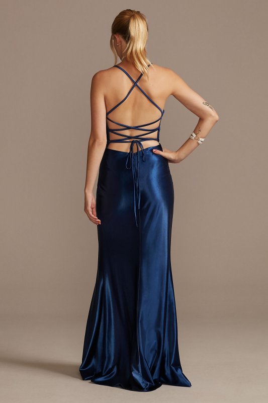 Ruched V-Neck Stretch Satin Sheath Gown with Slit WBM2299