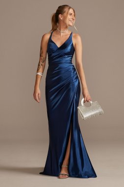 Ruched V-Neck Stretch Satin Sheath Gown with Slit WBM2299