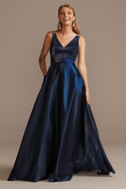 V-Neck Satin Ball Gown with Crystal Strap Details WBM2396