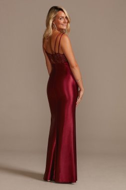 Spaghetti Strap Shiny Satin Gown with Slit Skirt WBM2402V1