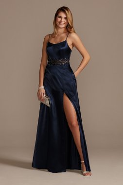 Satin Spaghetti Strap A-Line Dress with Crystals WBM2440V2