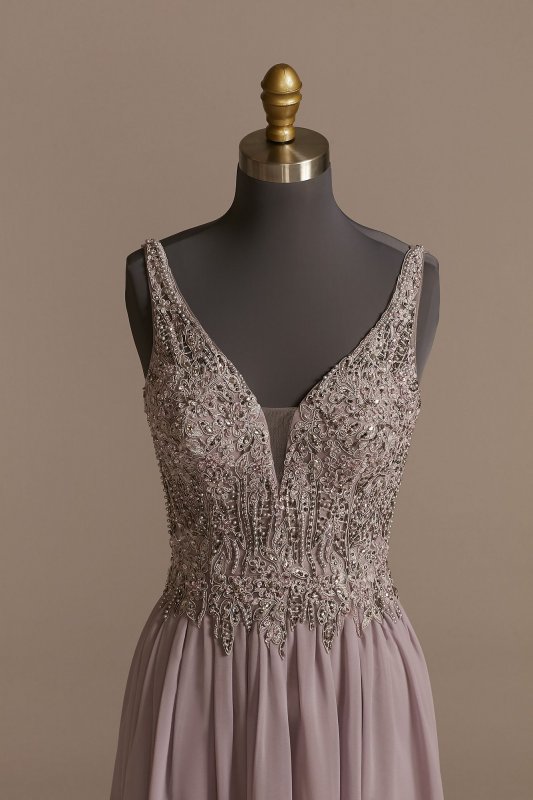Beaded Bodice Plunge Chiffon Gown WBM2466