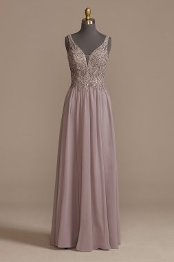 Beaded Bodice Plunge Chiffon Gown WBM2466