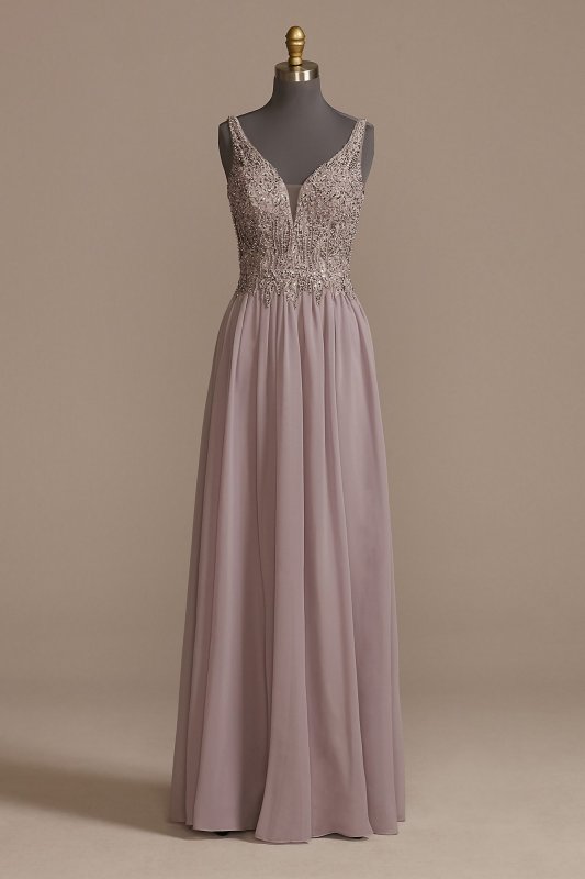 Beaded Bodice Plunge Chiffon Gown WBM2466