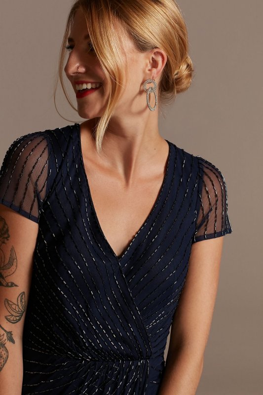 Beaded Short Sleeve V-Neck Dress with Pleats WGINCL761