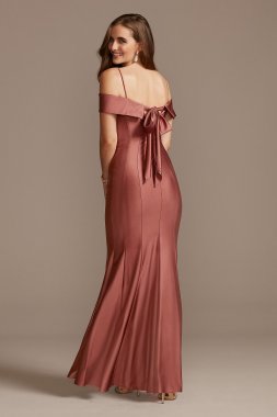 Off the Shoulder Sateen Mermaid Gown with Bow 21955