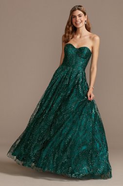 Corset Bodice Strapless Gown with Glitter Overlay 2294BN