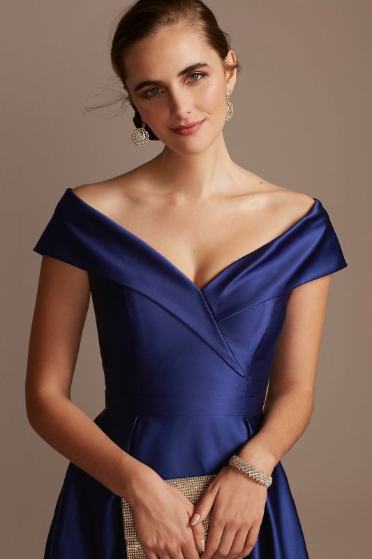Satin Off the Shoulder Gown with Portrait Collar 3476X
