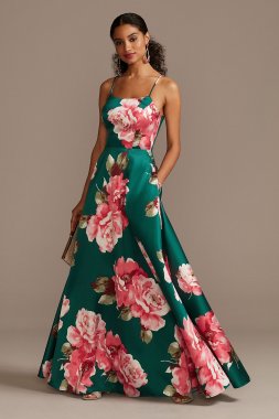 Floral Mikado Spaghetti Strap Racerback Gown 5887JX2B