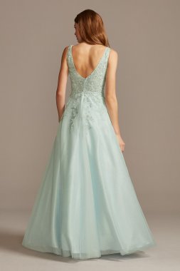 Mesh V-Neck Gown with 3D Floral Applique 783X