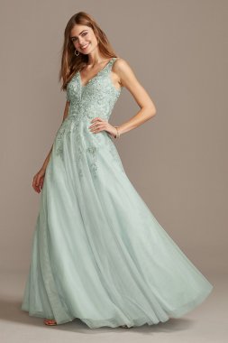 Mesh V-Neck Gown with 3D Floral Applique 783X