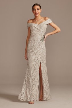 Off the Shoulder Lace Gown with Embellished Detail 81122267